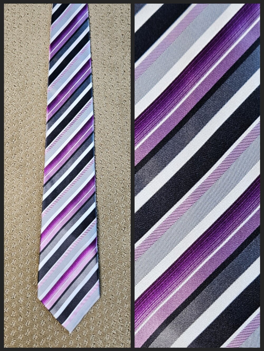 Geoffrey Beene XL black white purple pink gray diagonally striped 100% silk tie